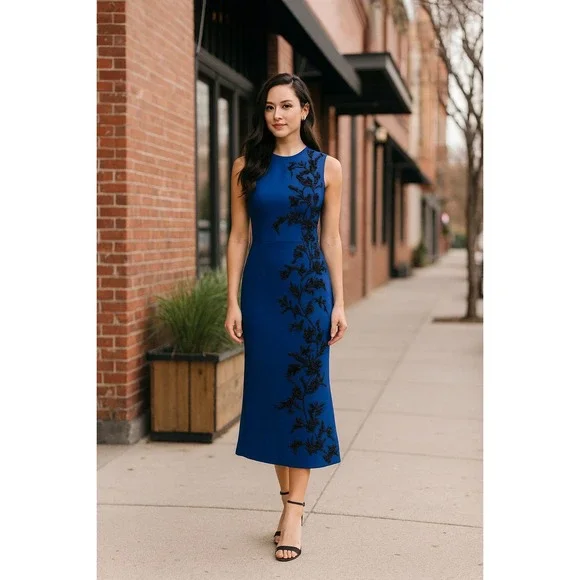 NWT JS Collection Blue Beaded Evening Cocktail Dress Size 12 - Picture 1 of 15